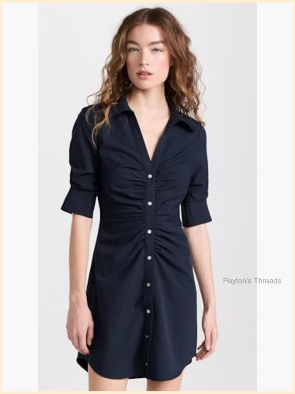 Navy Sheath Dress with Button Front and Collar Neck, 3/4 Sleeve - Picture 2 of 6